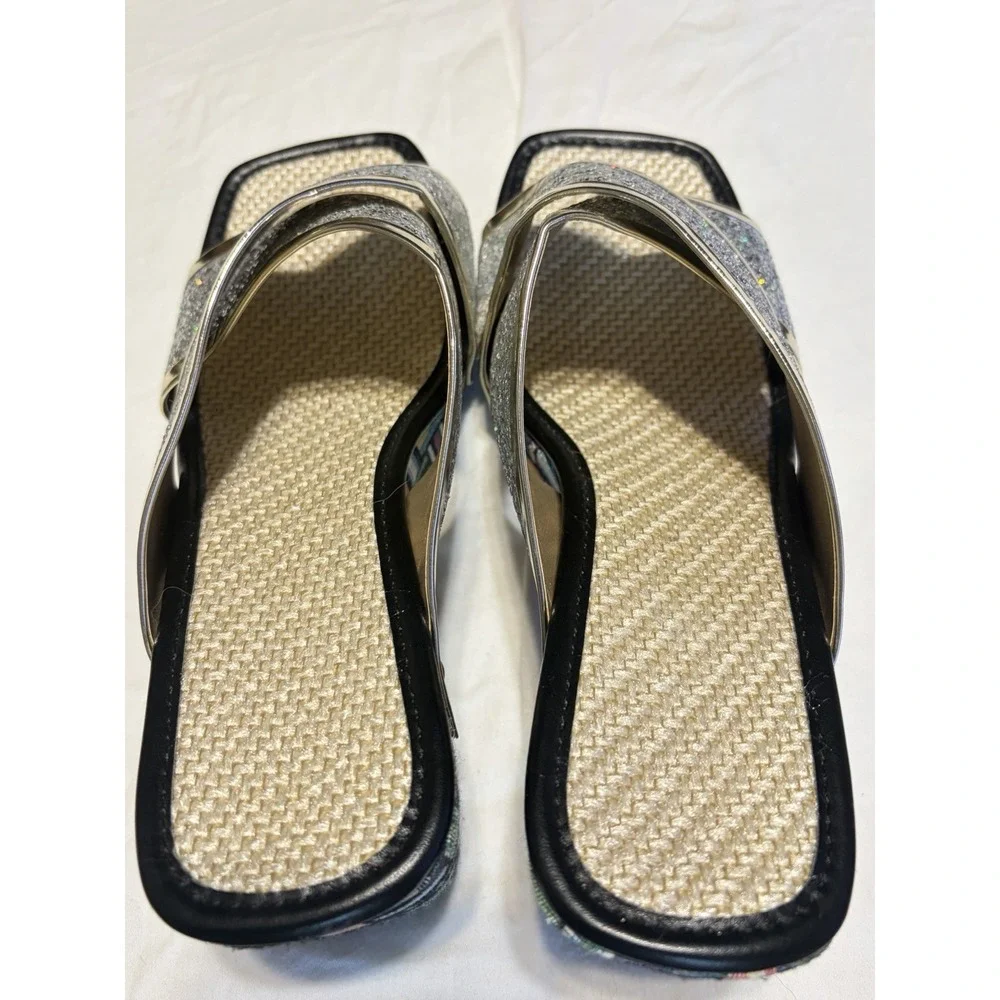 Glitter Slide Sandals Geometric Multicolor Silver Block Heel Straps Women's 7